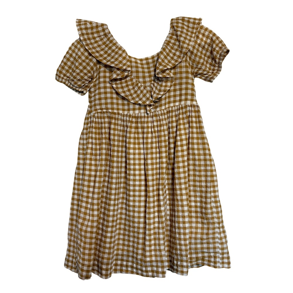 H&M Girls Brown Gingham Check Ruffle V-Neck Puff Sleeve Dress Size 8-9Y